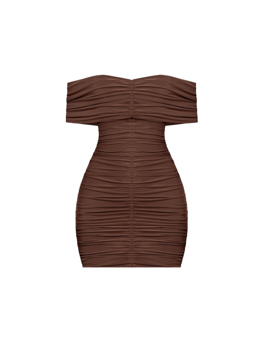 Cocoa Ruched Off the Shoulder Mini