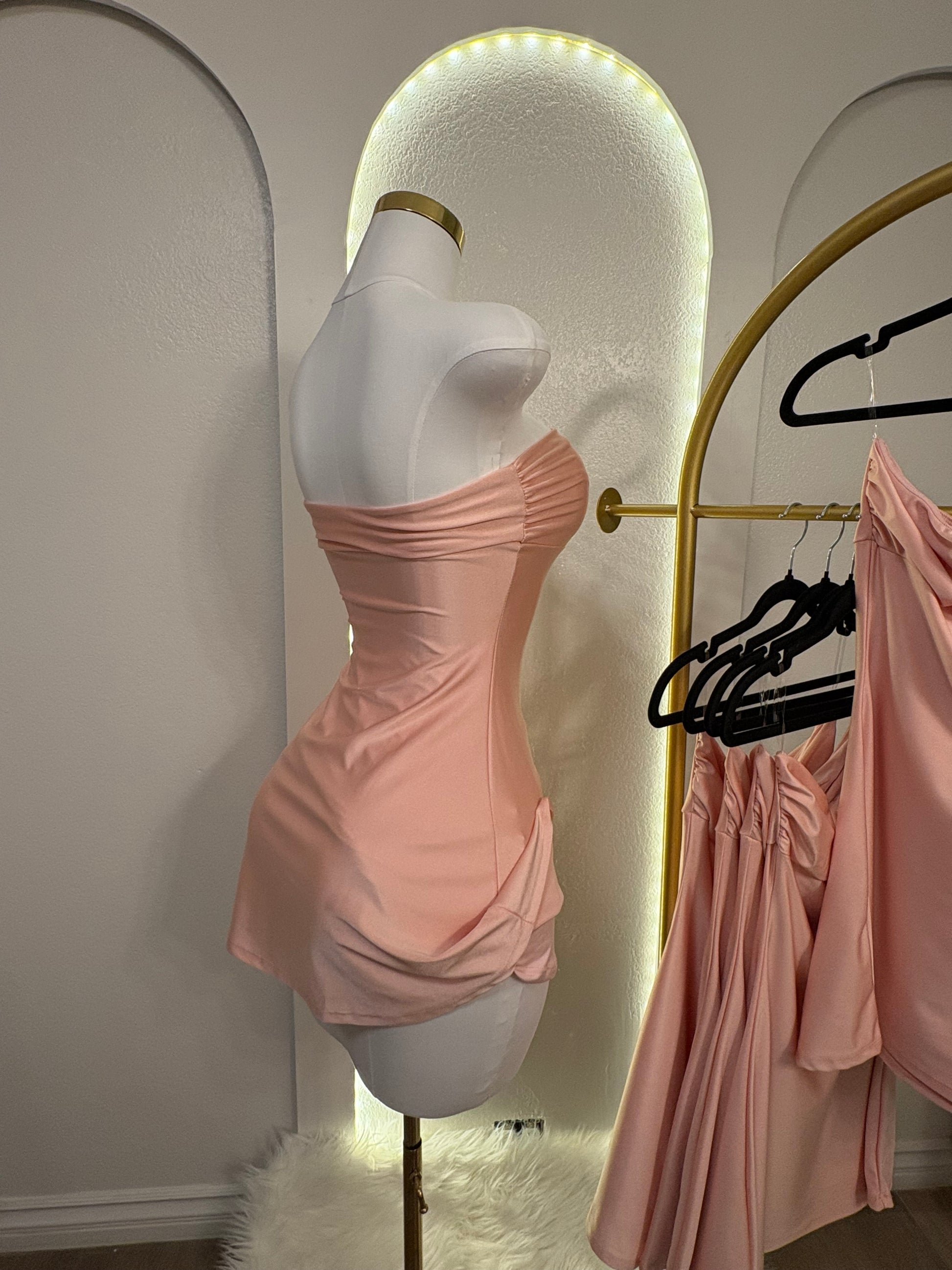 peach strapless short dress Sasha Bubble Hem Mini Dress