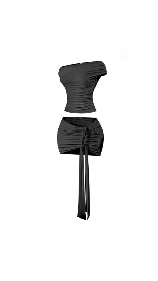 Black Onyx Short Sleeve & Mini Skirt Set (with drape tie ruched set)
