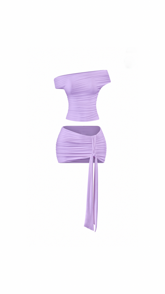 Purple Onyx Short Sleeve & Mini Skirt Set (with drape tie ruched set)